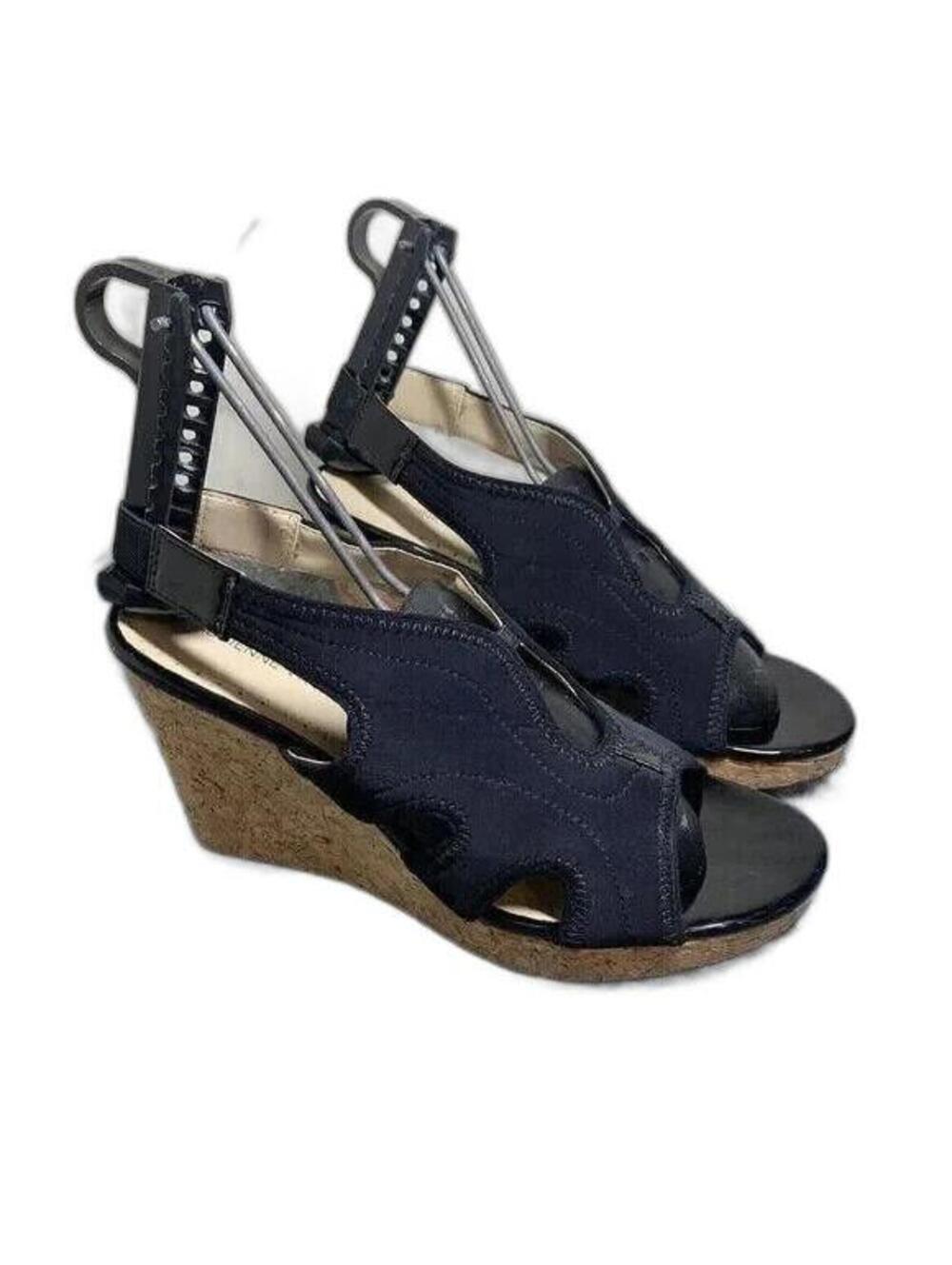 Adrienne Vittadini Women's Claudia 9 .5 M Black Stretch Cork Wedge Sandals